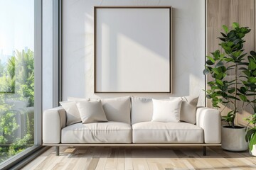 Fototapeta premium illustration of mock-up wall decor frame is hanging in cozy minimalism living room with comfort sofa