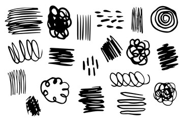 Set hand drawn texture scribble marker and ink patterns. Black and white illustration. Black pen hand drawn collection of lines,  Hand drawing texture. Vector doodle