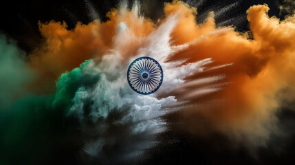 Tri colour smoke bomb with the colors of indian flag with a black background