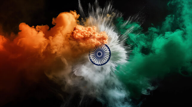 Tri colour smoke bomb with the colors of indian flag with a black background