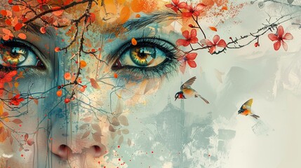 abstract collage of woman's face and birds