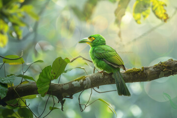 Obraz premium Singapore green broadbill bird on tree branch