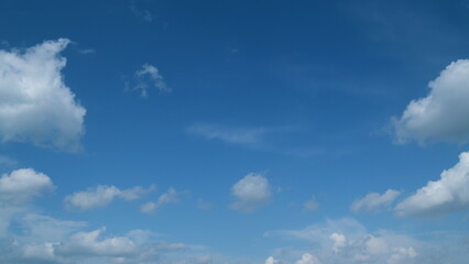 Beautiful white cumulus and cirrus on different layers clouds. Slowly move of white cloudscape. Timelapse.