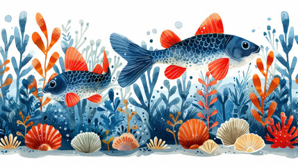 Fototapeta premium Illustration of fishes floating underwater. The deep sea. Marine underwater habitat background