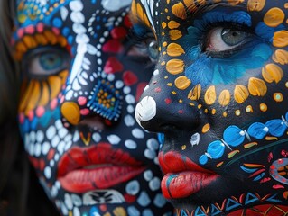 Fototapeta premium Close-up of two faces with intricate, multicolored face paint designs, showcasing vibrant artistic expression and detailed patterns.