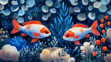 Fototapeta premium Illustration of fishes floating underwater. The deep sea. Marine underwater habitat background
