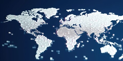 Digital world map with glowing cyber data points on dark blue background. Global connectivity and internet technology concept. Design for network, communication, technology innovation theme. AIG35.