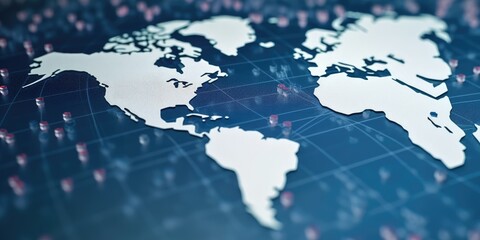 Digital world map with glowing cyber data points on dark blue background. Global connectivity and internet technology concept. Design for network, communication, technology innovation theme. AIG35.