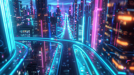 Obraz premium Neon lights illuminate a sleek highway slicing through a futuristic metropolis.