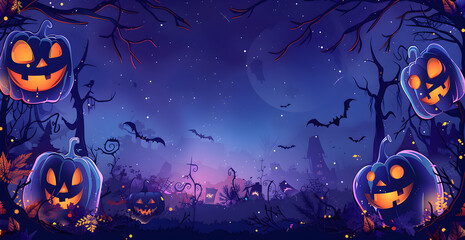 A Halloween scene with pumpkins and bats