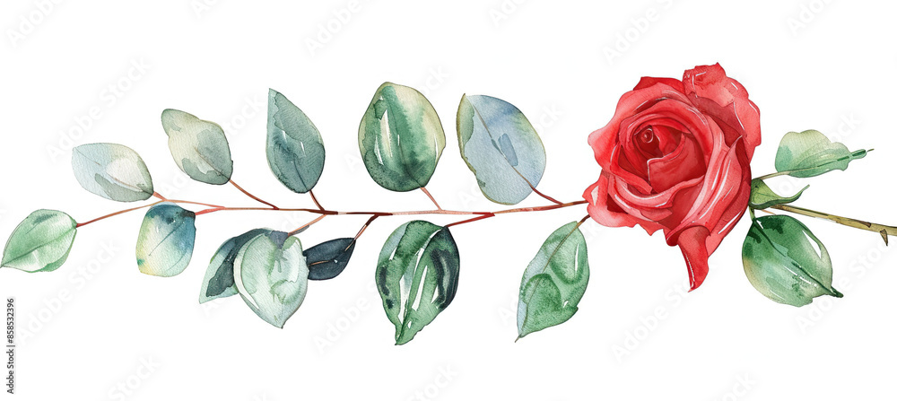 Wall mural Watercolor Red Rose with Eucalyptus Half Circle, Elegant Hand Drawn, Isolated on White Background