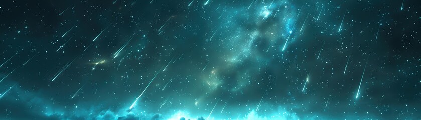 Fototapeta premium Magical night sky filled with numerous shooting stars and a captivating view of the Milky Way galaxy, creating an awe-inspiring cosmic spectacle.