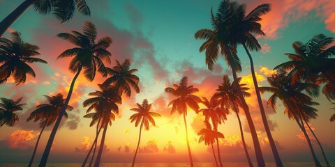 Obraz premium Tropical Sunset with Palm Trees. Generative ai