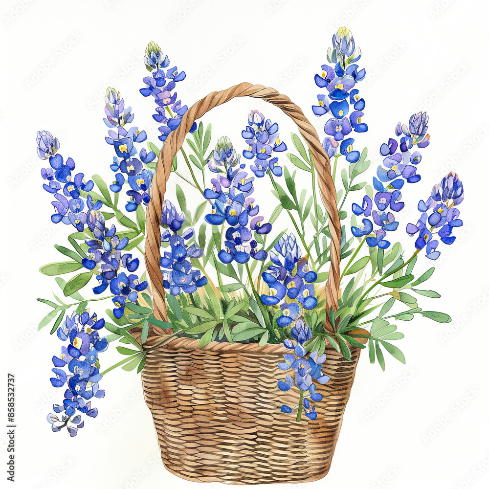 Canvas Prints watercolor illustration of bunches of bluebonnets in a wicker basket