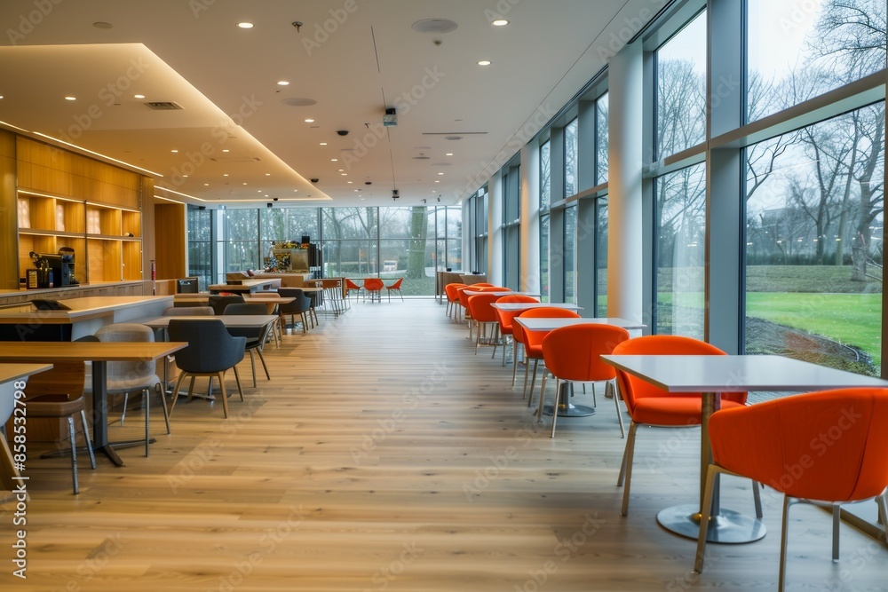 Leinwandbilder a bright and airy student lounge featuring a row of dining tables and chairs with natural light stre