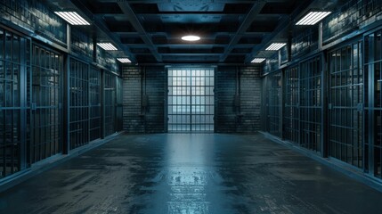 Dimly Lit Prison Corridor with Metal Bars. Generative ai