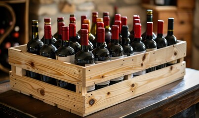 Wooden Crate Filled with Wine Bottles. Generative ai