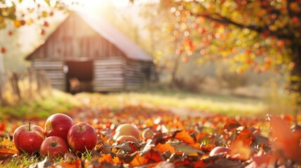 Organic apples near barn in autumn with space for text