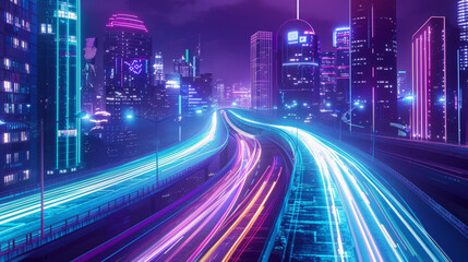 Fototapeta premium Neon lights illuminate a sleek highway slicing through a futuristic metropolis.