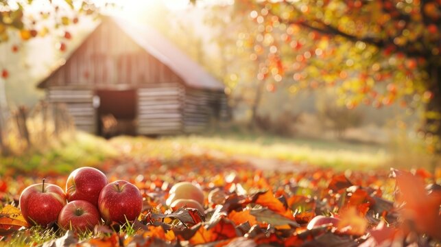 Organic apples near barn in autumn with space for text