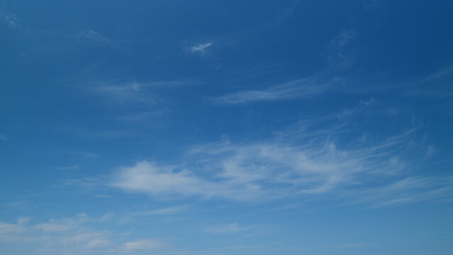 Clearing day and good windy weather. Sparse translucent white cirrus clouds in blue sky on a sunny day. Timelapse.