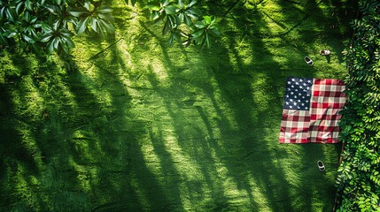 American Flag Picnic Blanket on Lawn A picnic blanket with an American flag design on a lush green lawn