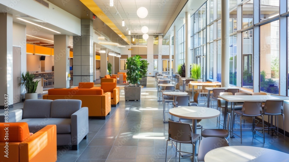 Poster a bright and spacious student lounge with dining tables and comfortable seating, ideal for studying,