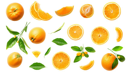 Fresh Whole and Sliced Oranges Isolated on Transparent Background. Juicy Citrus Fruit with Vitamin C, Ideal for Healthy Snacks and Refreshing Summer Recipes.