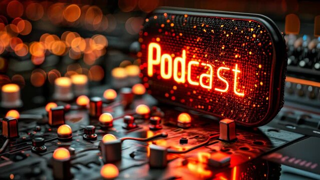 Black and Gold Podcast Microphone on Stand with Glowing Podcast Text In Background, Professional Broadcasting Equipment in Studio, Night Scene with Warm Bokeh Lights, Media Production Concept