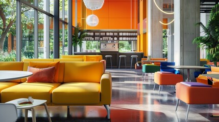 A bright and inviting student lounge with colorful seating, large windows, and natural light. Generative AI