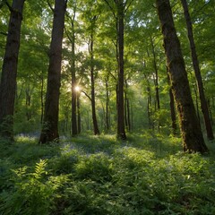 Fototapeta premium Sunlight filters through dense canopy of lush forest, casting warm glow on verdant undergrowth below. Tall trees with thick trunks stand majestically.