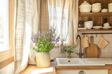 Sunlit Kitchen with Lavender Plant and Rustic Decor