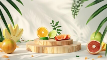 Modern wooden podium for showcasing summer drinks and cosmetics with fruit slices and palm leaves on white background