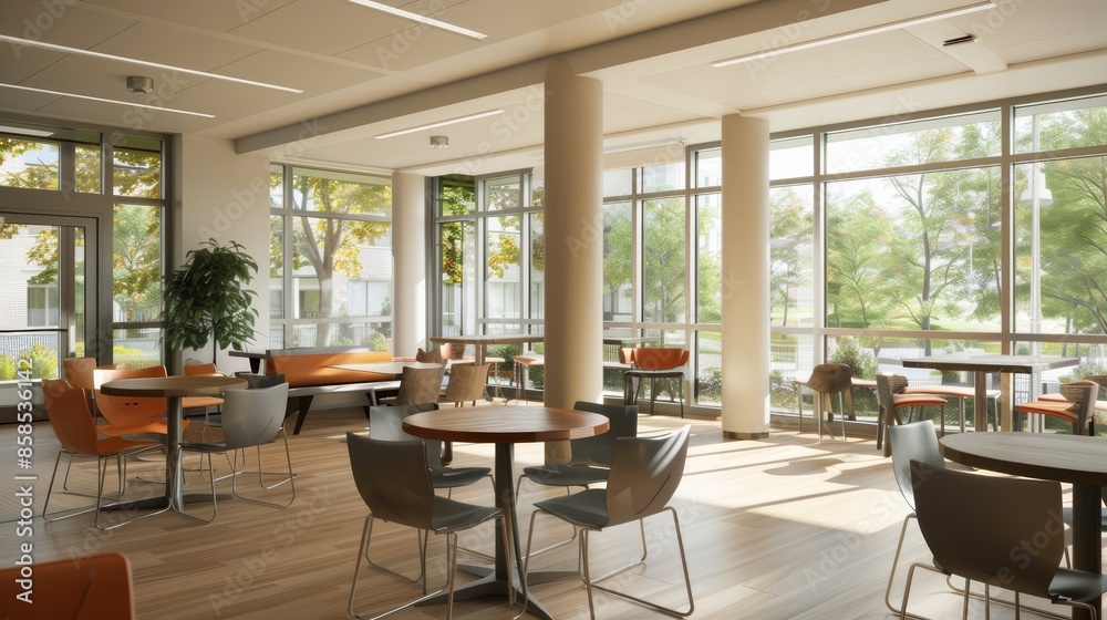 Aufkleber a bright and spacious student lounge with comfortable seating and large windows overlooking a green 