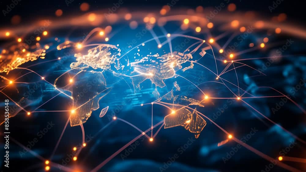 Poster global network connections world map glowing nodes lines international communication data exchange c