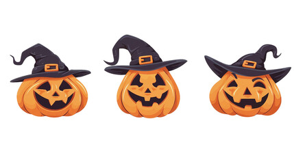 Funny Smiling Pumpkin with Black Witch Hat for Halloween Decoration on Transparent Background. Whimsical and Cheerful Jack-O-Lantern Illustration.
