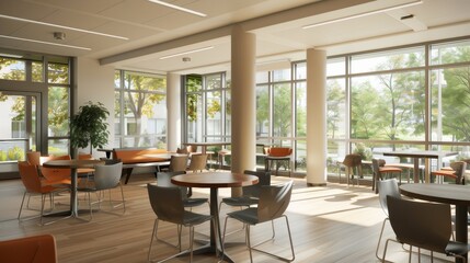 A bright and spacious student lounge with comfortable seating and large windows overlooking a green campus. Generative AI