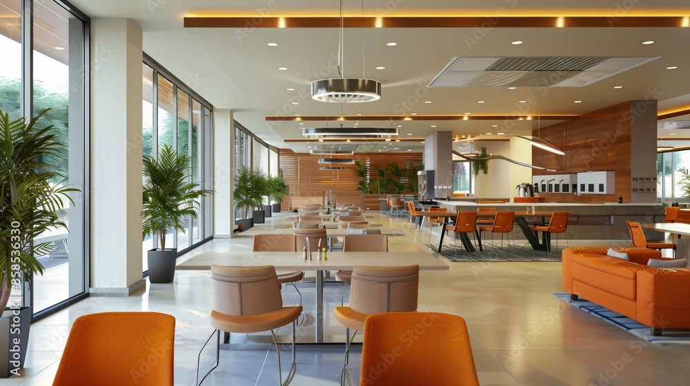 Poster A spacious and modern student lounge with large windows, dining tables, and comfortable seating areas. Generative AI