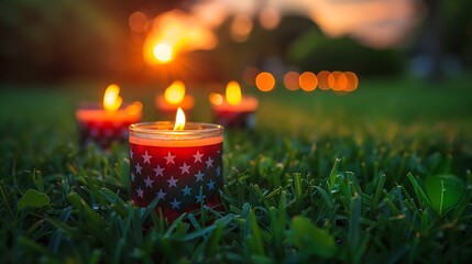 Patriotic Candles on Lawn Candles with American flag designs on a lush green lawn