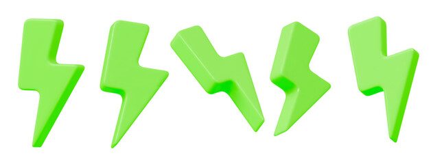 3d set of green charger symbol with rotation. Sign thunder. Symbol of energy, danger. Minimalistic electrical discharge. Stock vector illustration on isolated background.	