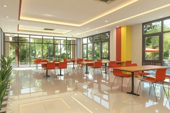 A spacious and modern student lounge featuring dining tables and relaxation areas, perfect for studying, socializing, and unwinding. Generative AI
