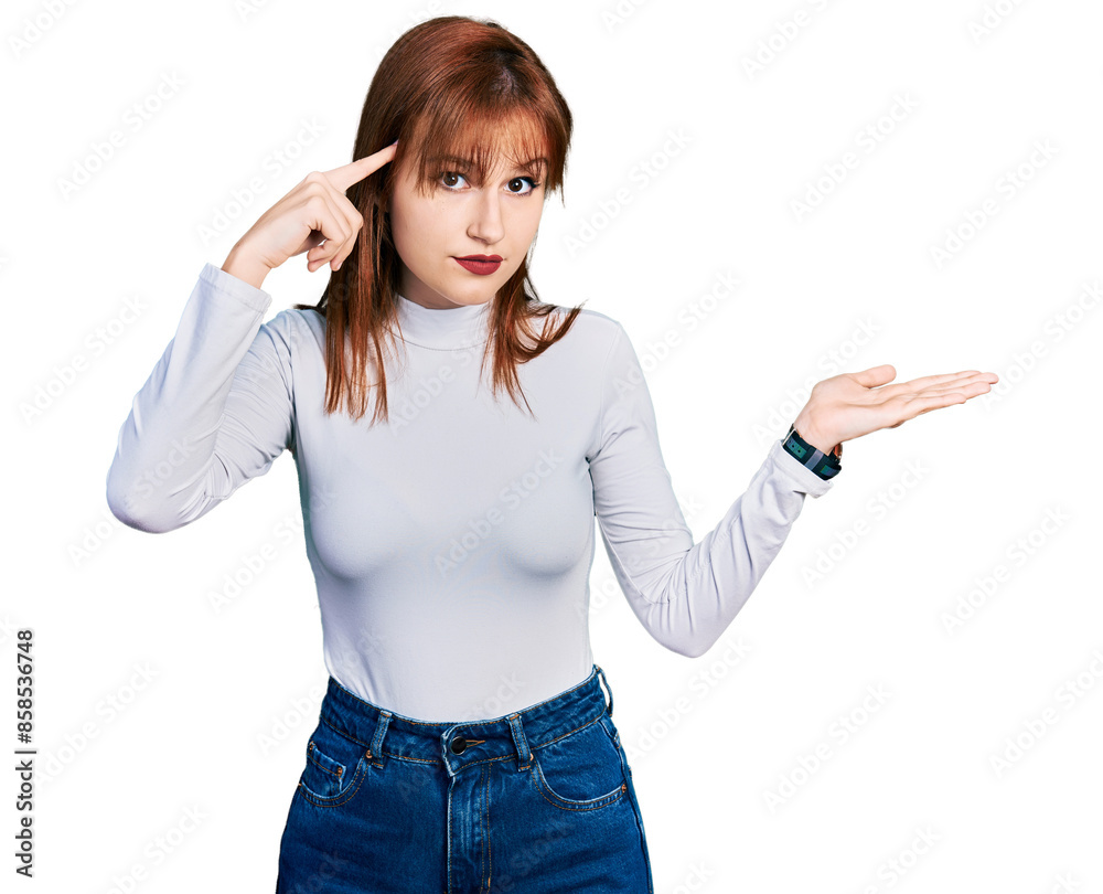 Poster redhead young woman wearing casual turtleneck sweater confused and annoyed with open palm showing co