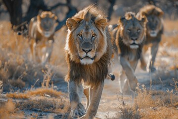 Male lions leading pride through savanna in National Park.