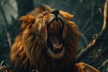 Naklejka premium A wild lion roaring in the jungle