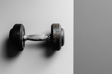 Black dumbbell on light gray background with copy space