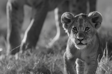 Naklejka premium Close lion cub in the background of his mother. Black and white african savannah landscape