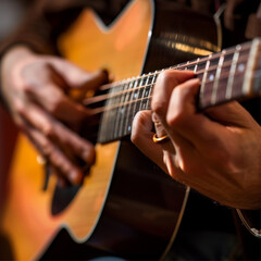 Obraz premium A close-up of a musician's hands playing an acoustic guitar