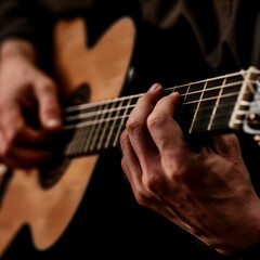 Obraz premium A close-up of a musician's hands playing an acoustic guitar