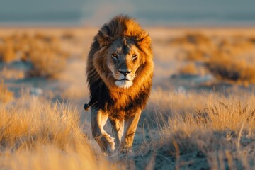 Fototapeta premium African lion with mane walking in grassy habitat at sunset.
