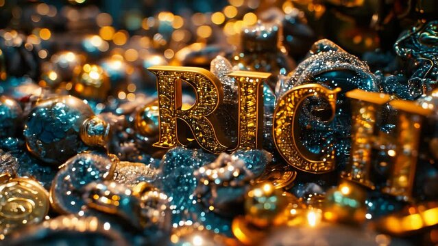 Golden RICH Text Amidst Shimmering Gold Coins and Treasures Epitomizing Wealth, Financial Success, Luxury, Prosperity, and Richness